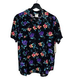 NWT Vintage 90s Black Multicolor Floral Print Short Sleeve Button Up Small